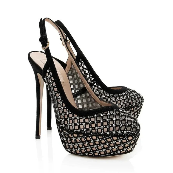 Valentino Garavani Lattice Crystals Slingback Platform Pumps Black Size 7.5 - Picture 1 of 12